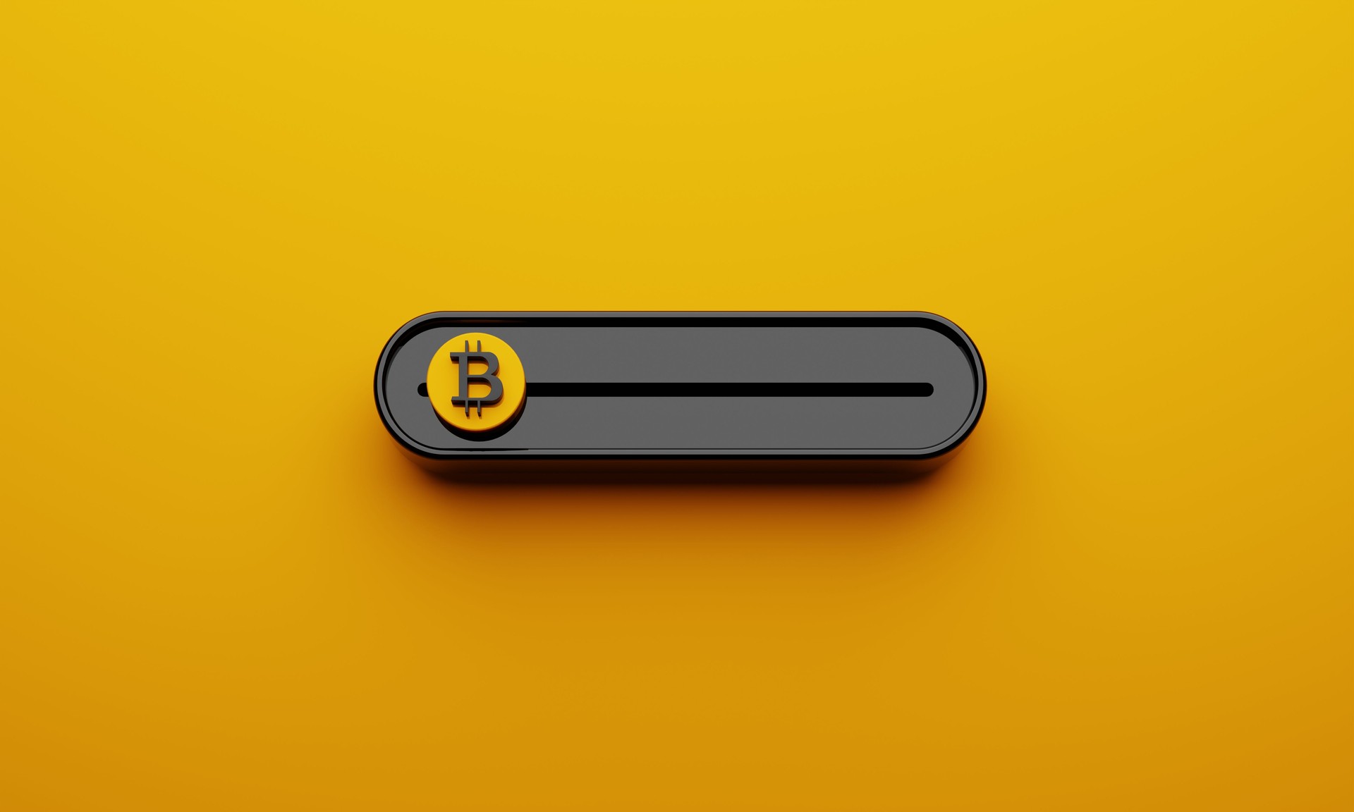 Black Crypto currencies Bitcoin slide bar on yellow background. Slider for making profit by sell or buy in BTC theme. Economic and business investment concept. 3D illustration rendering graphic design
